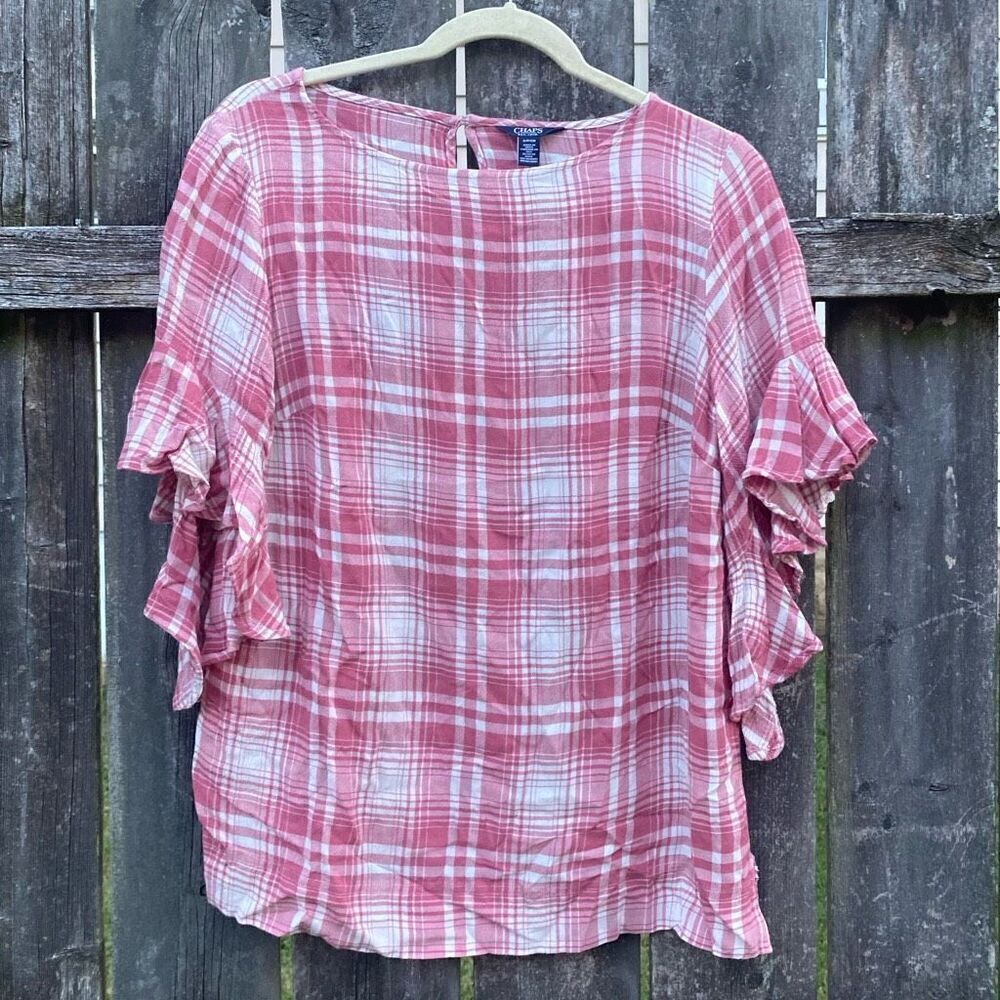 Chaps Pink Plaid‎ Ruffle Sleeve Top | S